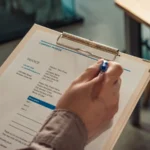 Tangan memegang dokumen invoice di atas clipboard dengan pena di meja kerja